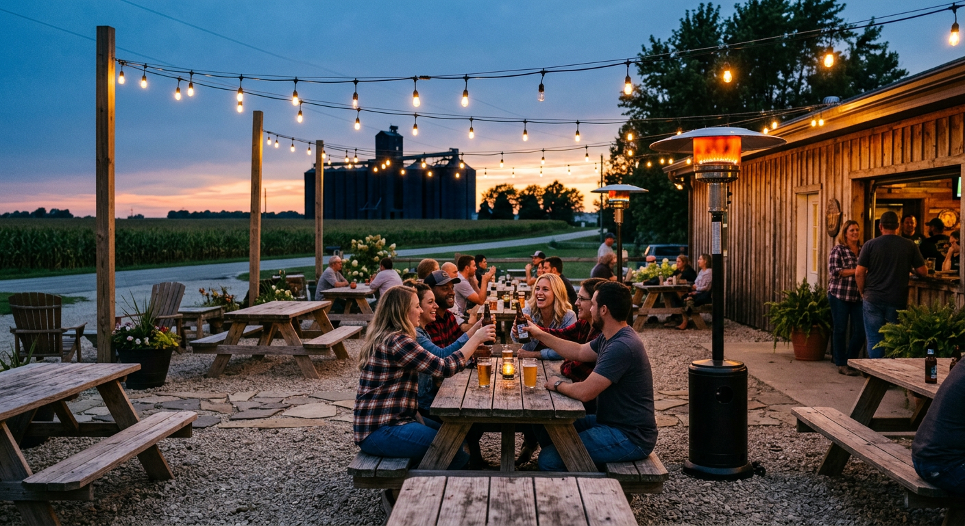 The Sidney Saloon patio at dusk with string lights and a glowing heater